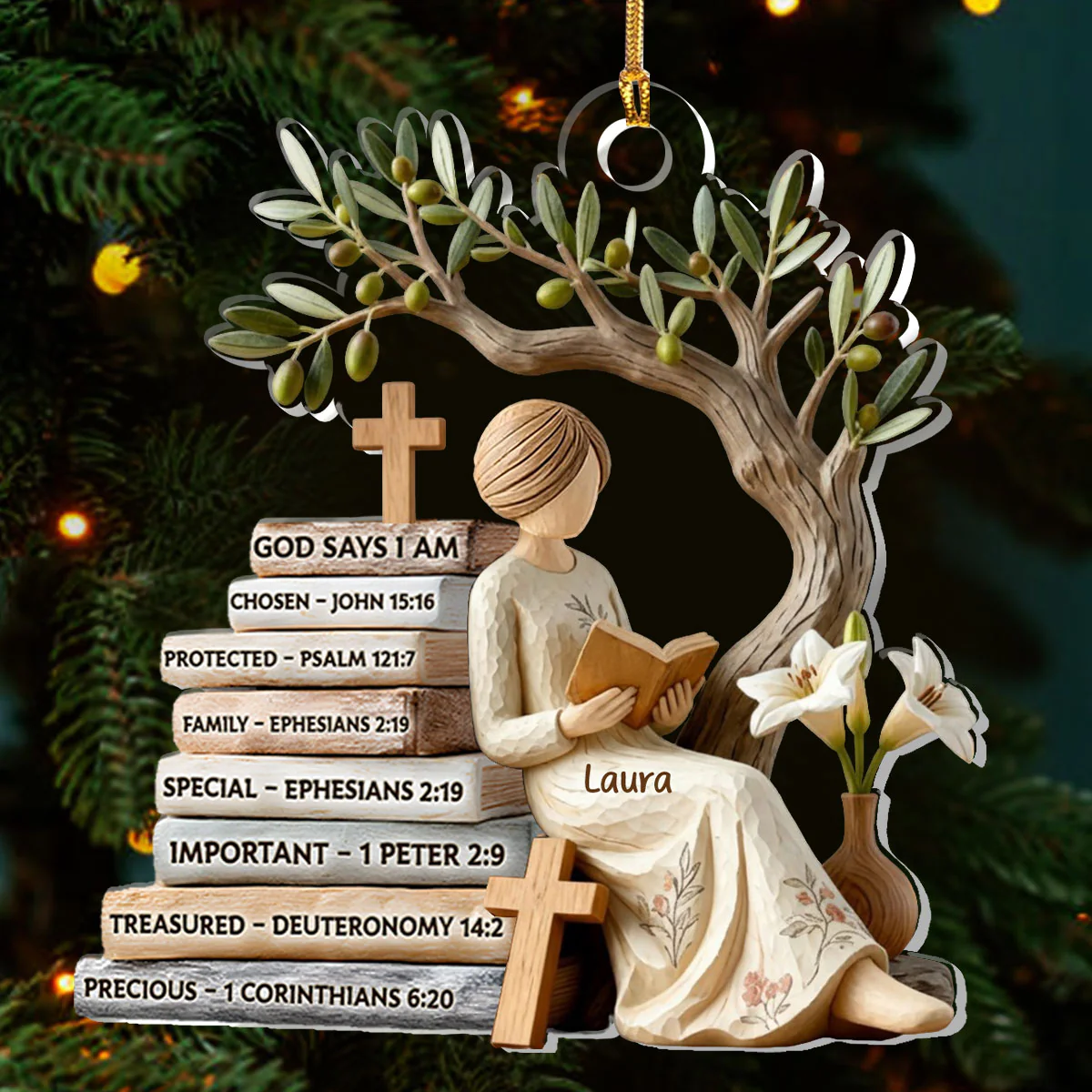 God Says I Am White Lily Flower Custom Name Acrylic Ornament, Book Ornaments, Christmas Home Decor