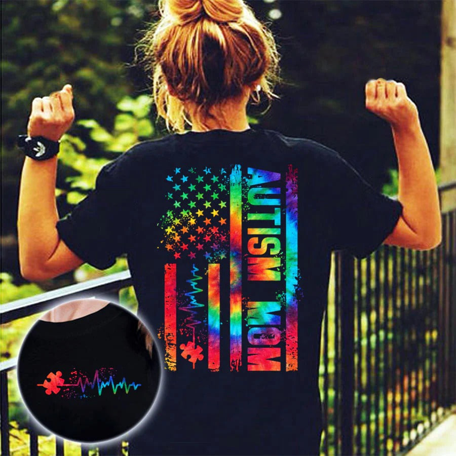 American Flag Autism Mom Autism Awareness Tshirt, Autism Mom American Flag, Puzzle Piece Heartbeat