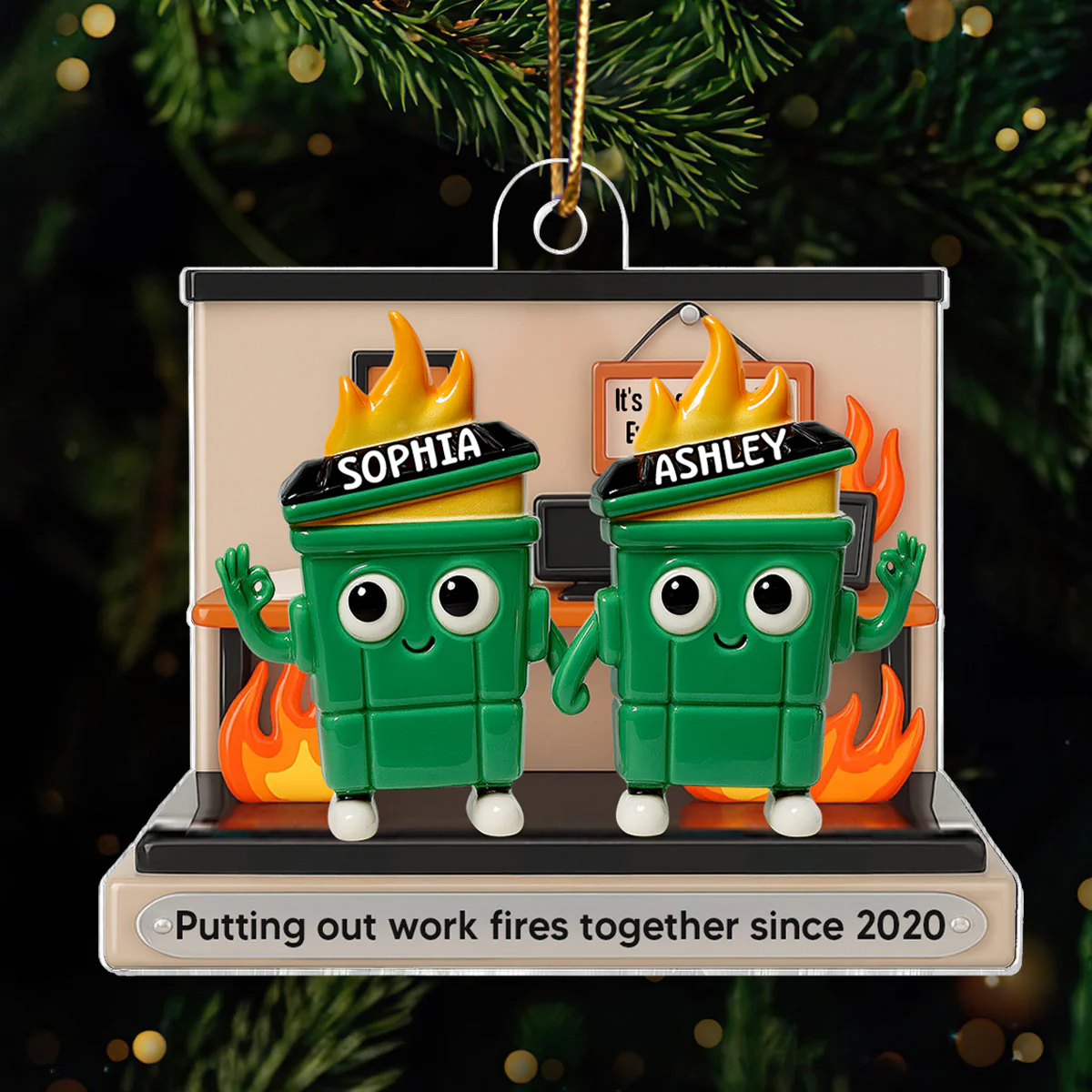 Personalized 3D Effect Dumpster Fires In Office Acrylic Ornament, Gift For Colleagues, Work Besties, Xmas Decor