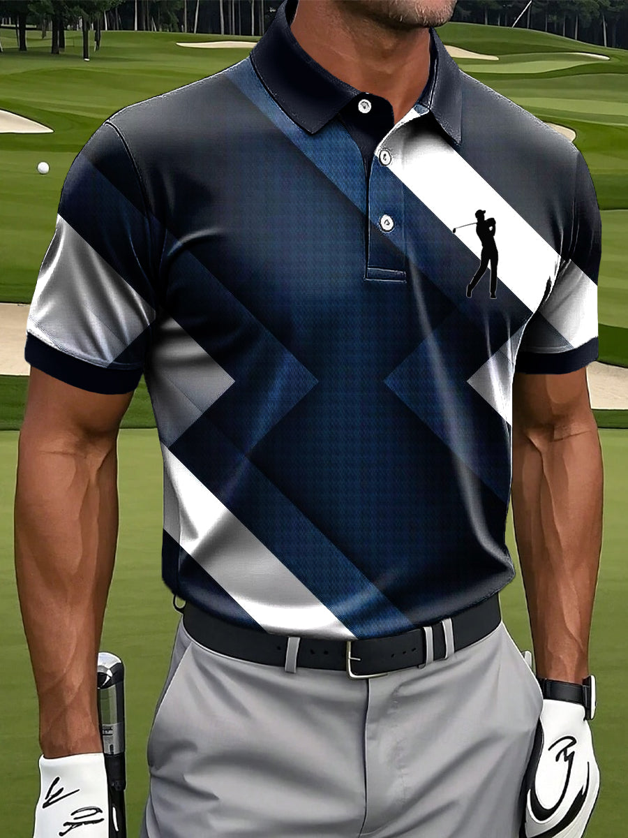 Abstract Geometric Color Block Art Print Casual Business Polo Shirt, Polo Shirts For Men, Golf Gift For Men