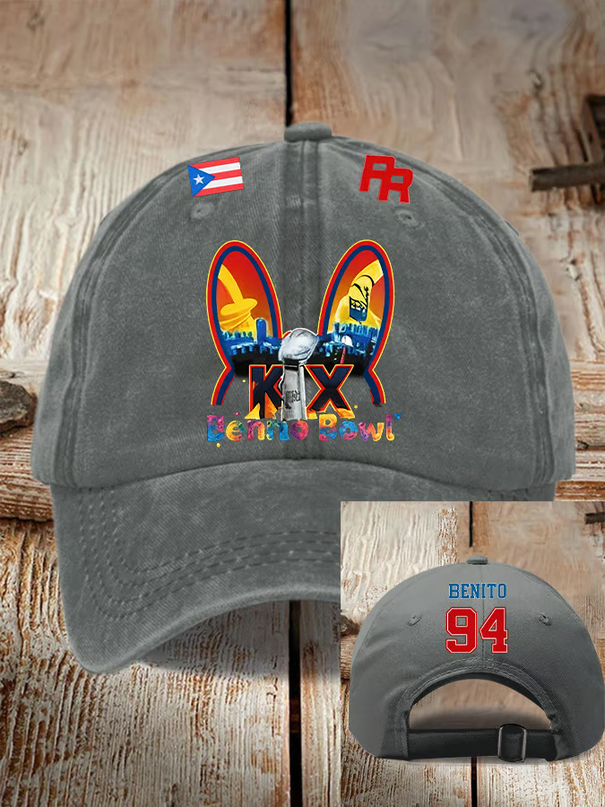 Benito Bowl LX Half Time Show Gray Hat, Puerto Rican & American Streetwear, Baseball Hat Cap