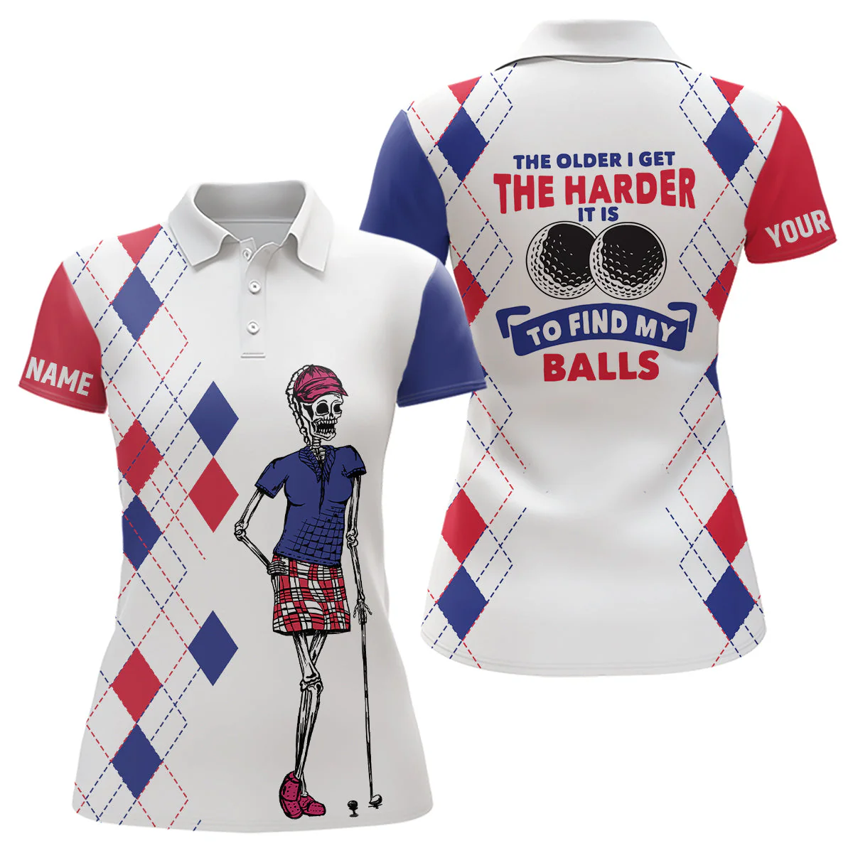 Custom Name The Older I Get The Harder It Is Argyle Skull Polo Shirt, Golf Shirt For Women, Ladies Golf Polos