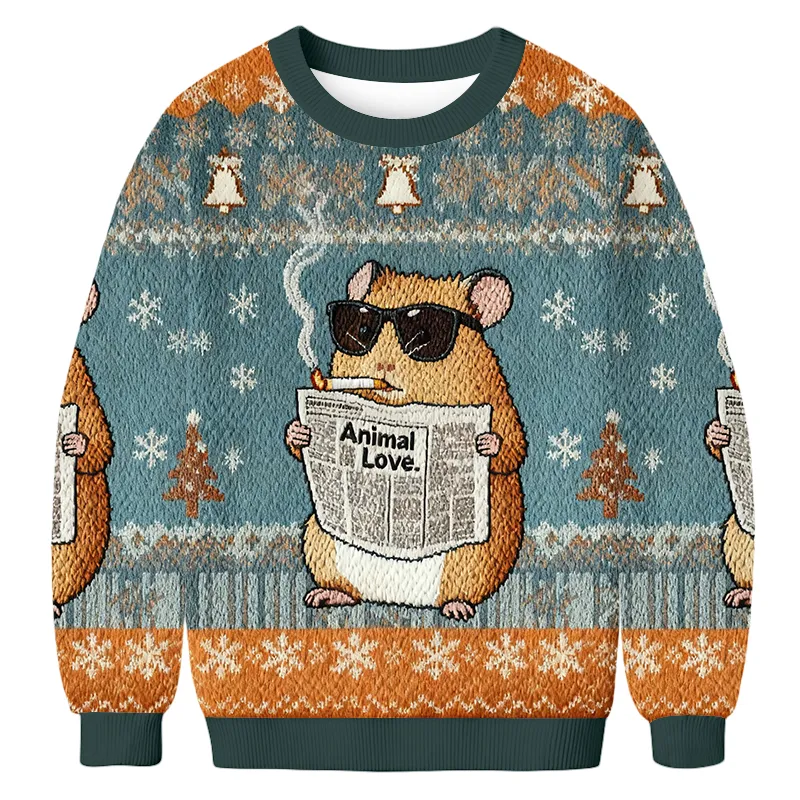 Hamster Reading Newspaper And Smoking Ugly Sweater, Funny Christmas Ugly Sweatshirt
