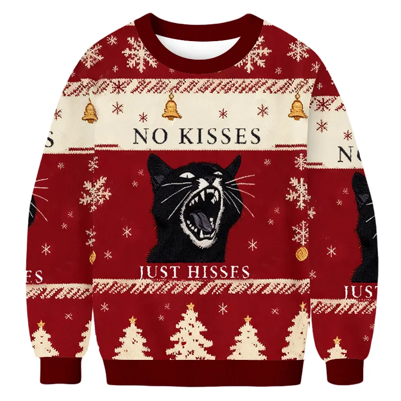 No Kisses Just Hisses Angry Black Cat Meme Ugly Sweater, Funny Christmas Ugly Sweatshirt, Xmas Ugly Sweater