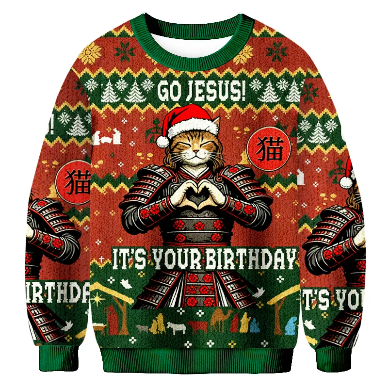 Go Jesus It's Your Birthday Samurai Cat Ugly Sweater, Funny Christmas Ugly Sweatshirt, Xmas Ugly Sweater