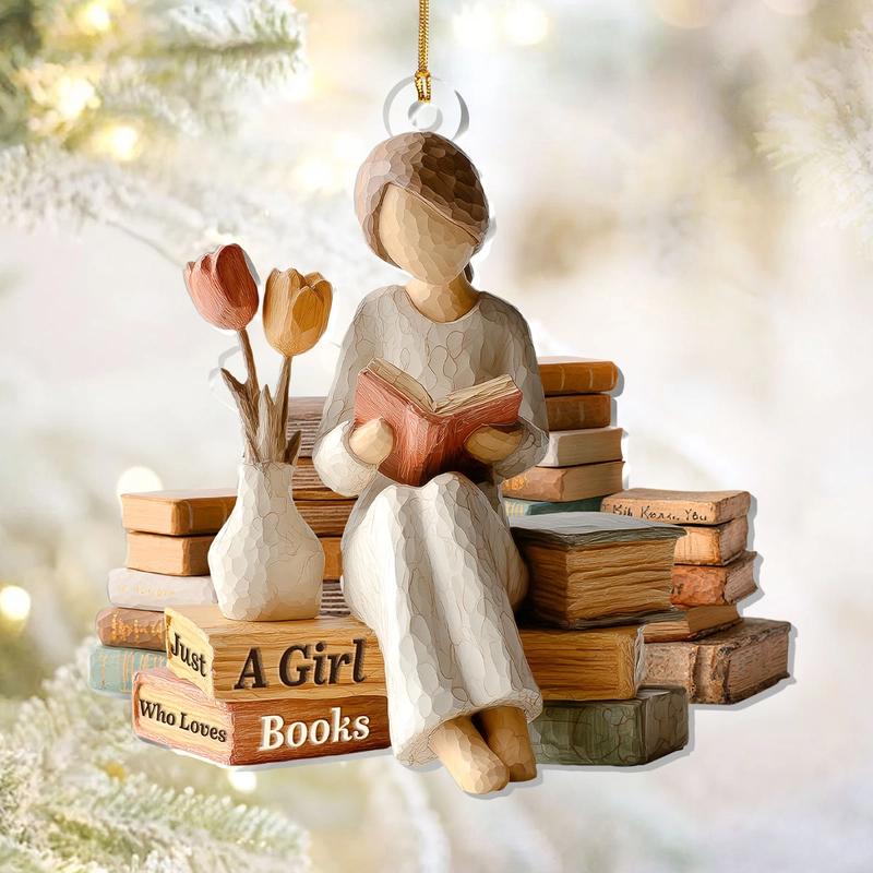 Just A Girl Who Loves Books & Flowers Acrylic Ornament, Custom Name Gifts For Readers, Xmas Decor