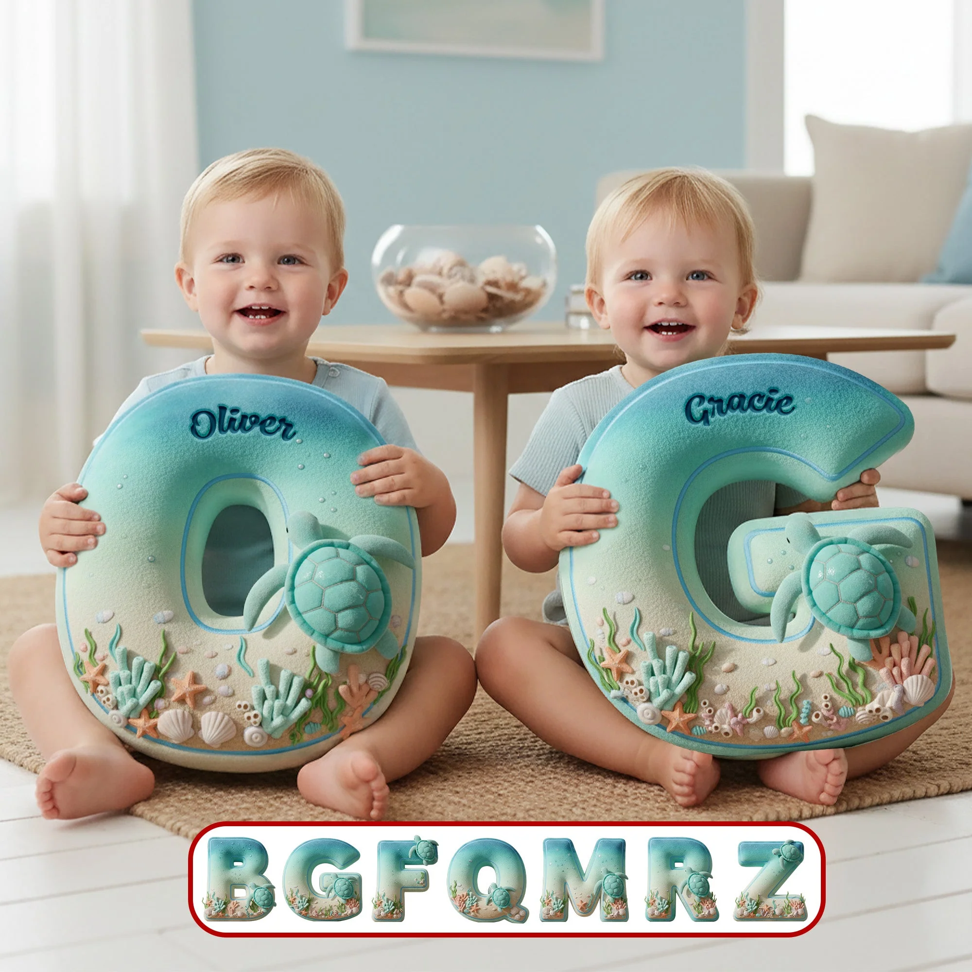 Sea Turtle Alphabet Custom Shaped Pillow, Ocean Lover Gift, Cute Birthday Gift