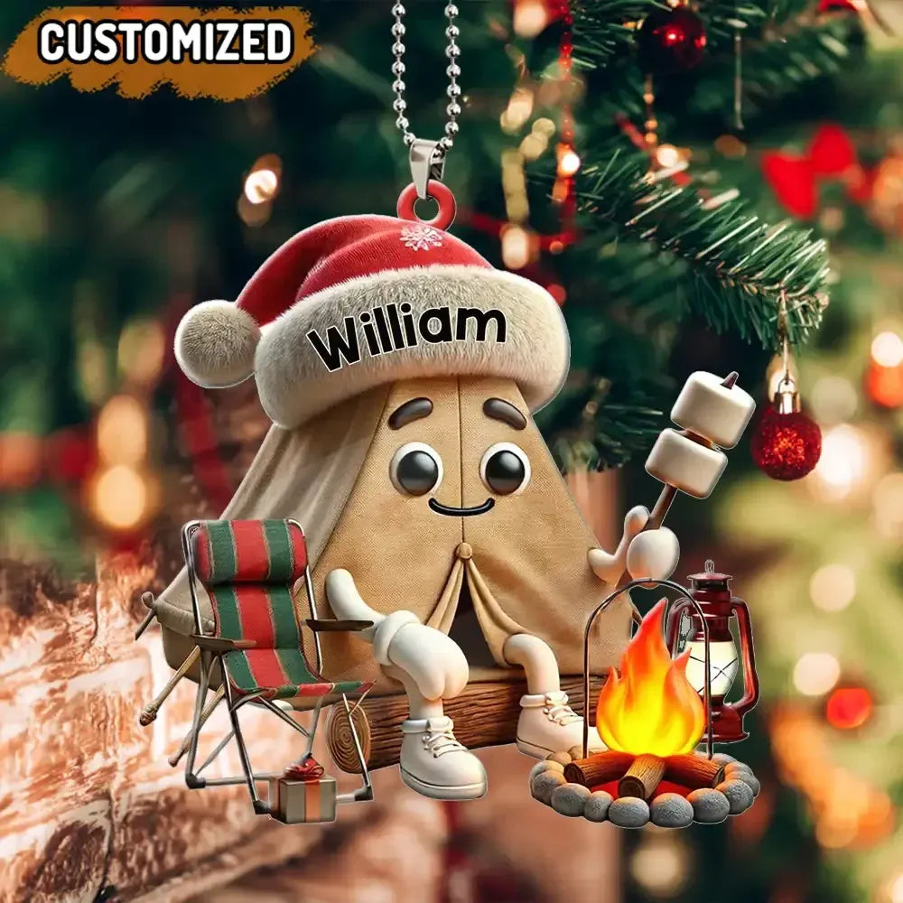 Custom Name Cartoon Camp Acrylic Ornament, Camping Lover Unique Christmas Ornaments