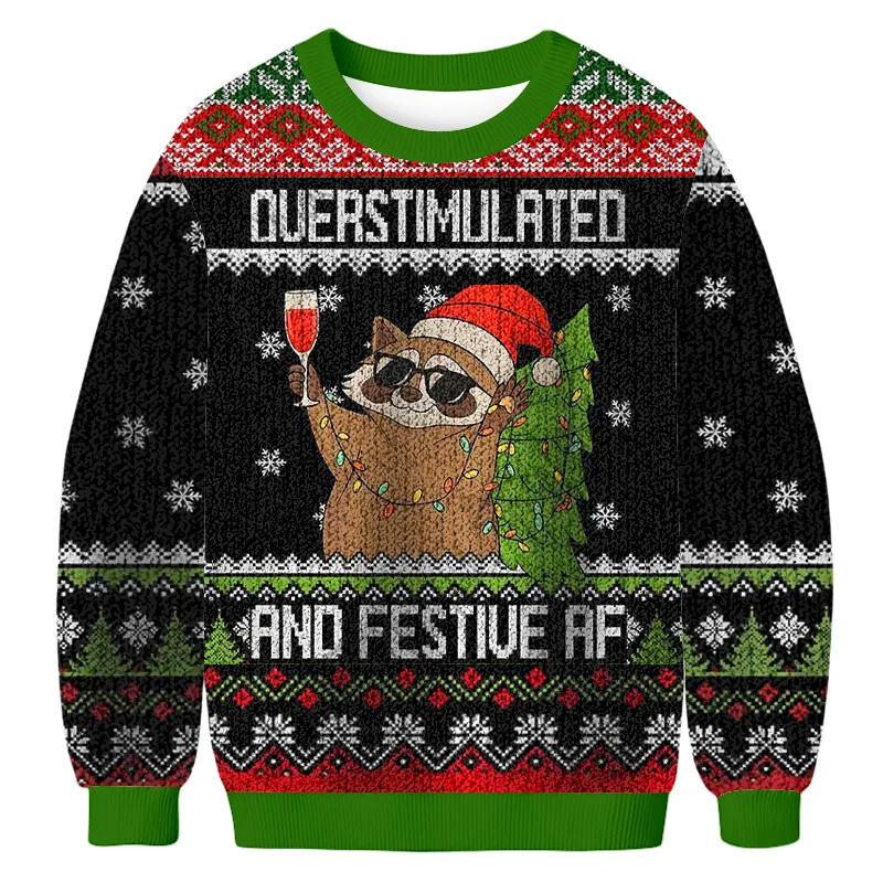 Raccoon Overstimulated And Festive AF Funny Ugly Sweater, Ugly Xmas Sweater, Christmas Ugly Sweatshirt