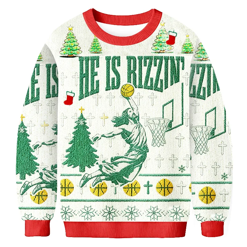 He Is Rizzin Jesus Playing Basketball Ugly Sweater, Funny Christmas Ugly Sweatshirt, Xmas Ugly Sweater