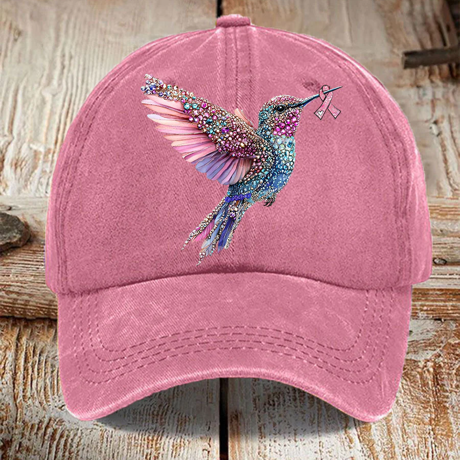 Pink Ribbon Breast Cancer Humingbird Hat, Breast Cancer Awareness Cap, Vintage Baseball Cap, Printed Cap