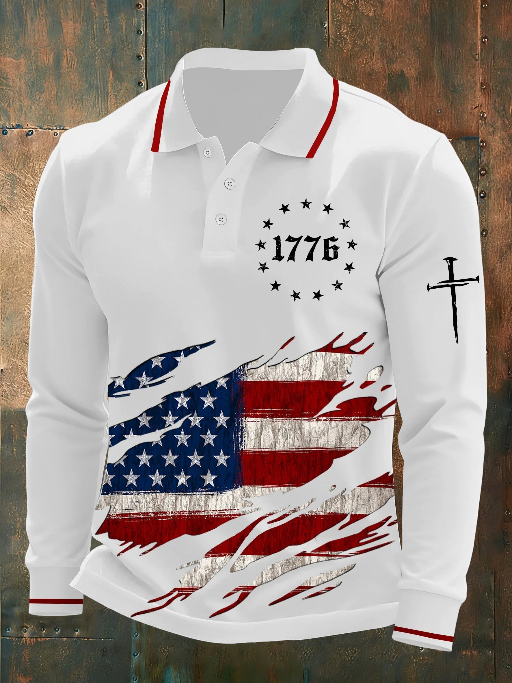 1776 American Flag Faith Cross White Men's Long Sleeve Polo, 4th Of July Patriotic Print Shirt