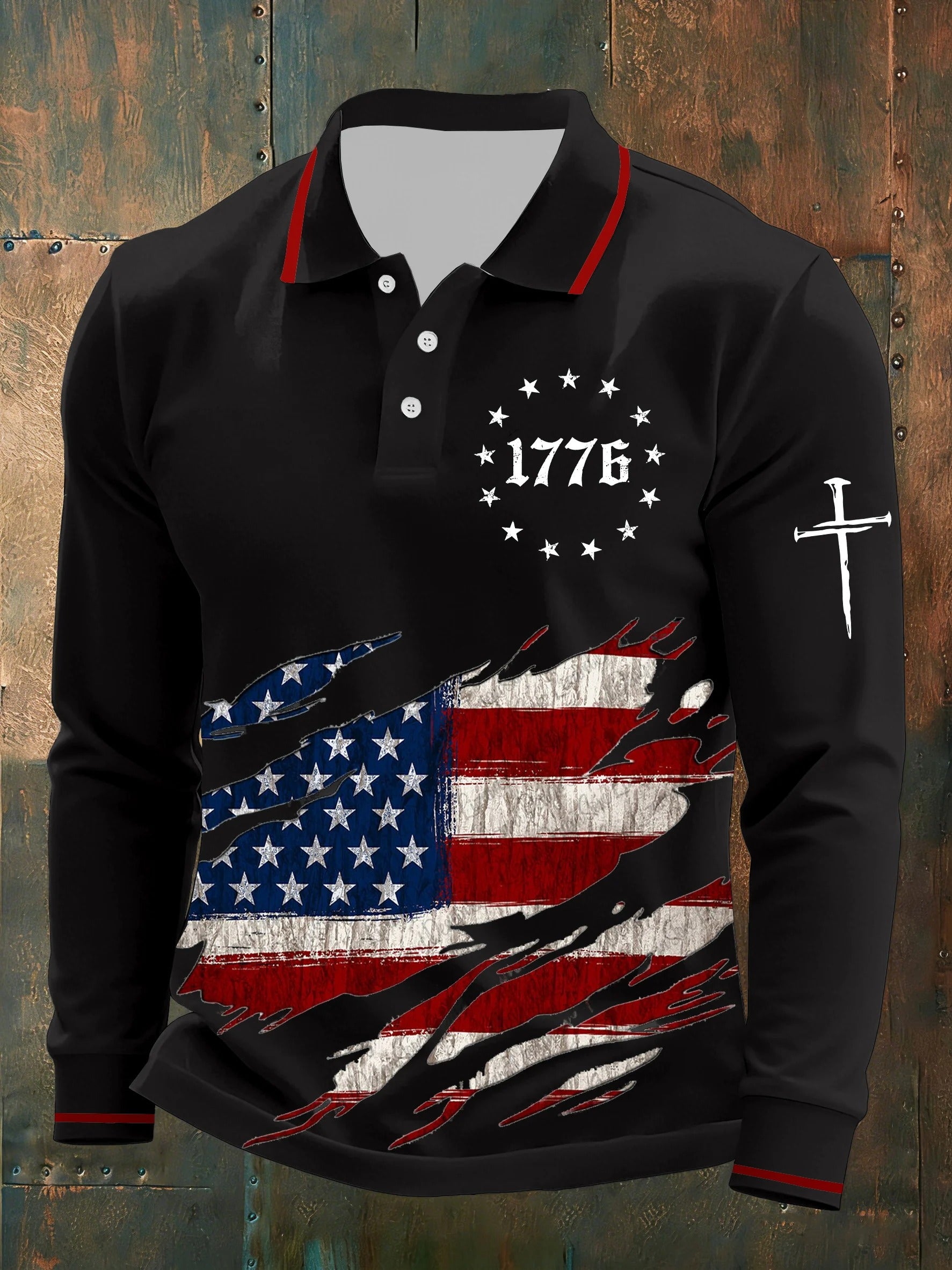 1776 American Flag Faith Cross Black Men's Long Sleeve Polo, 4th Of July Patriotic Print Shirt