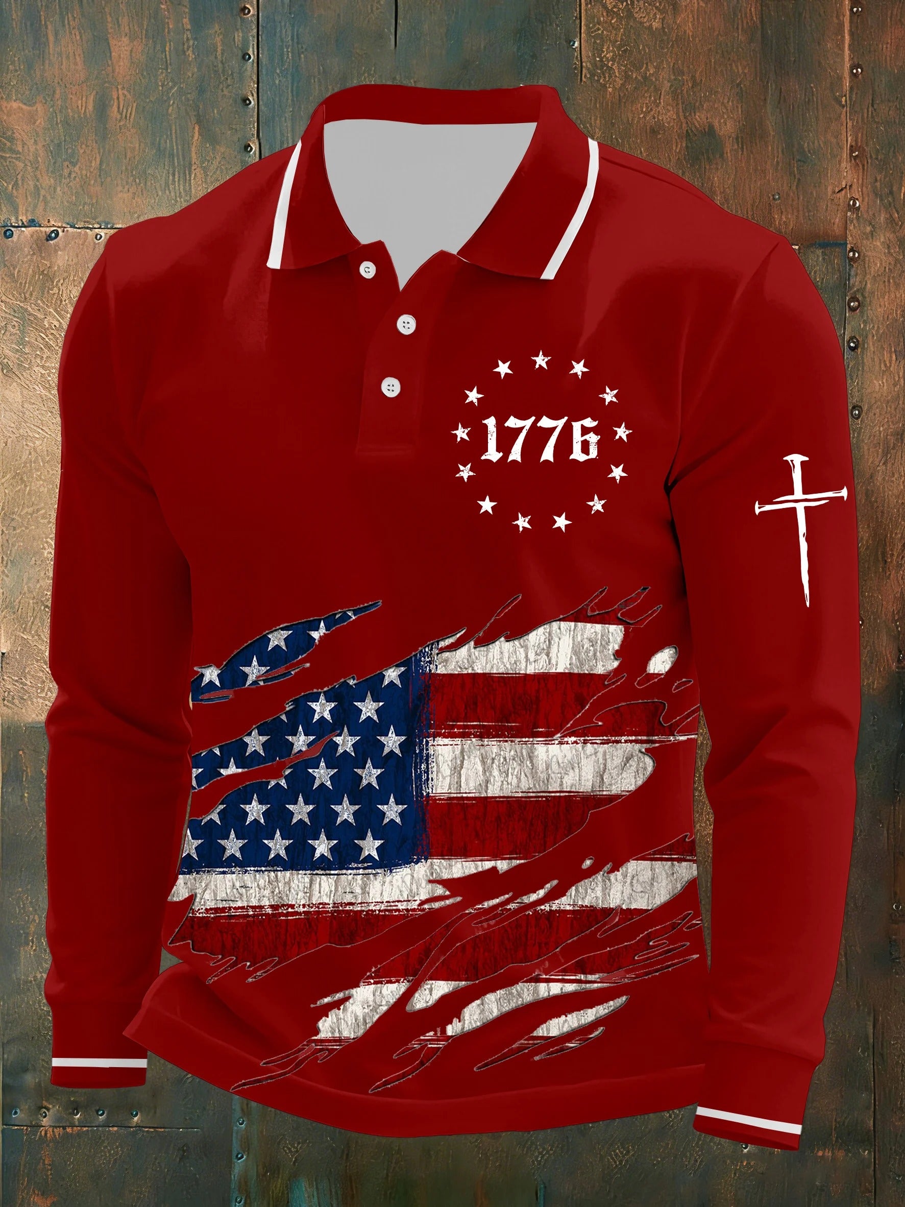 1776 American Flag Faith Cross Red Men's Long Sleeve Polo, 4th Of July Patriotic Print Shirt