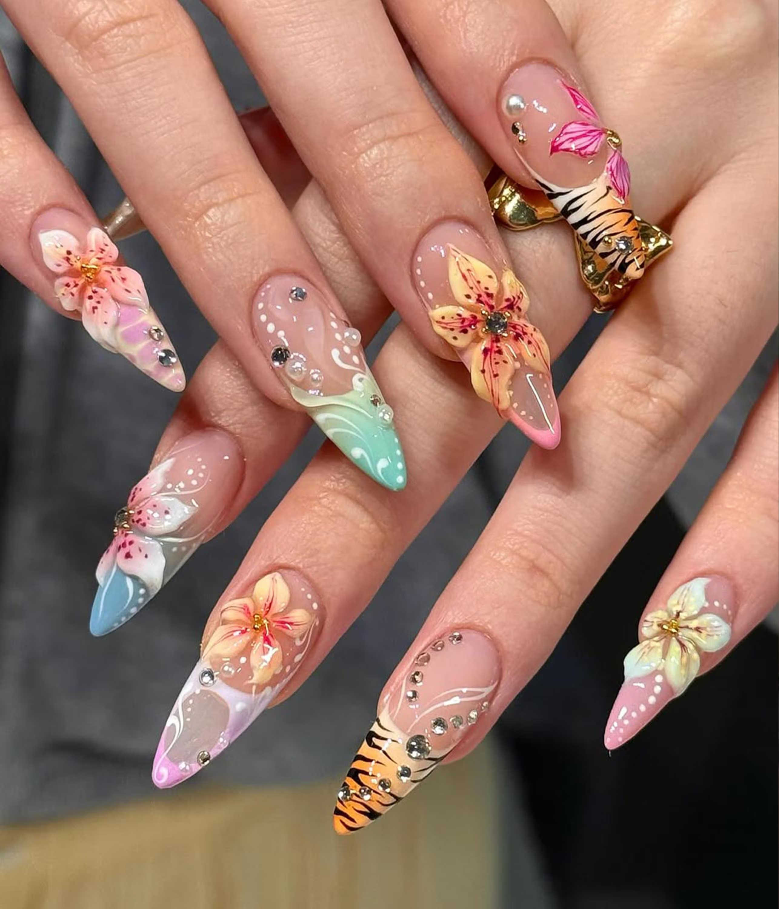 Tropical Glam Press On Nails, Floral & Leopard Nail Art Y2K Pastel Summer Nails, Reusable Press On Nails