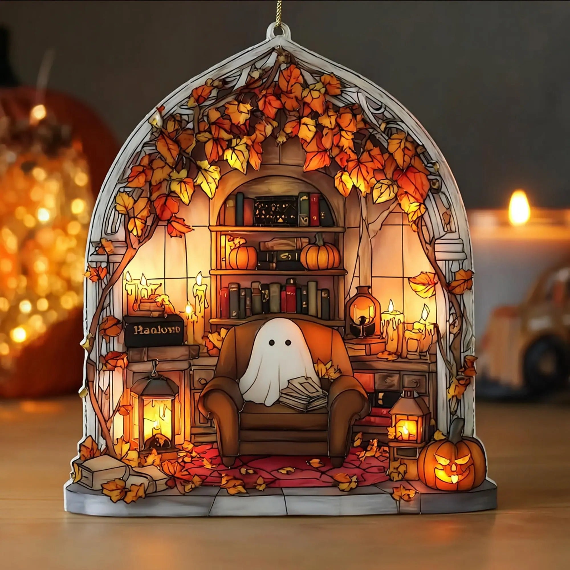 Suncatcher Ghost Reading Book On Moon Acrylic Hanging, Suncatcher Ornament, Christmas Gifts, Christmas Decor