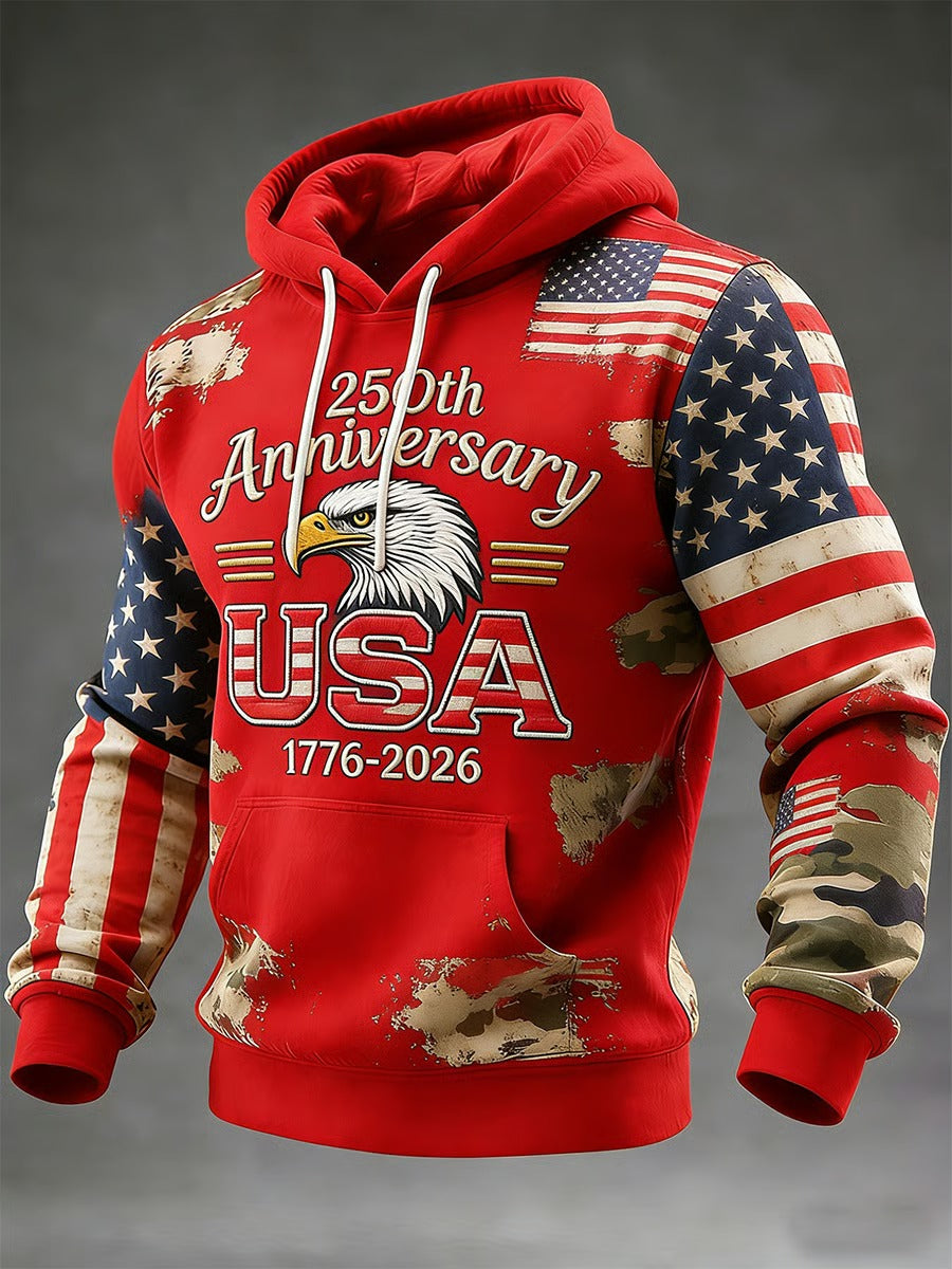 250th Anniversary Eagle USA American Flag Pattern Red Hoodie, Cool 4th Of July Shirt