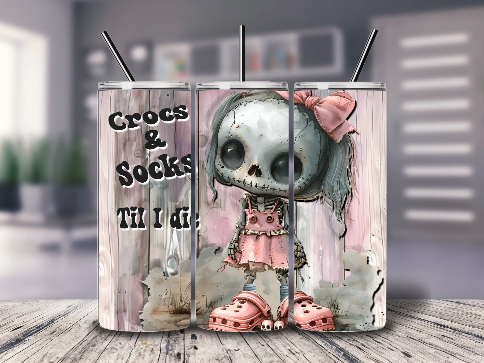 Goth Skeleton 20oz 30oz Tumbler, Cute Pink Crocs & Socks Tumbler, Halloween Costumes, Halloween Gifts