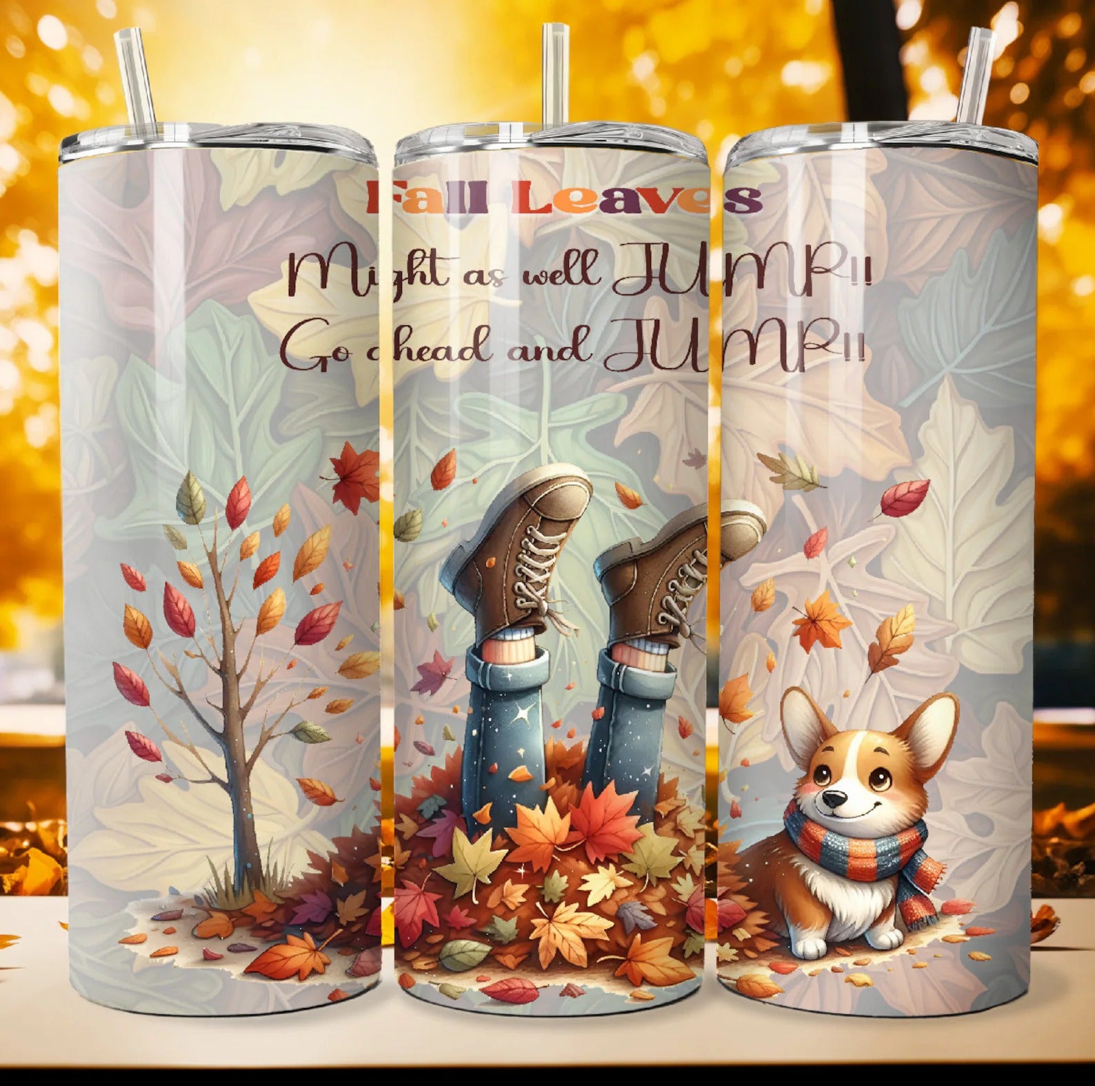 Fall Leaves 20oz 30oz Tumbler, Cute Autumn Jump Tumbler, Halloween Gifts