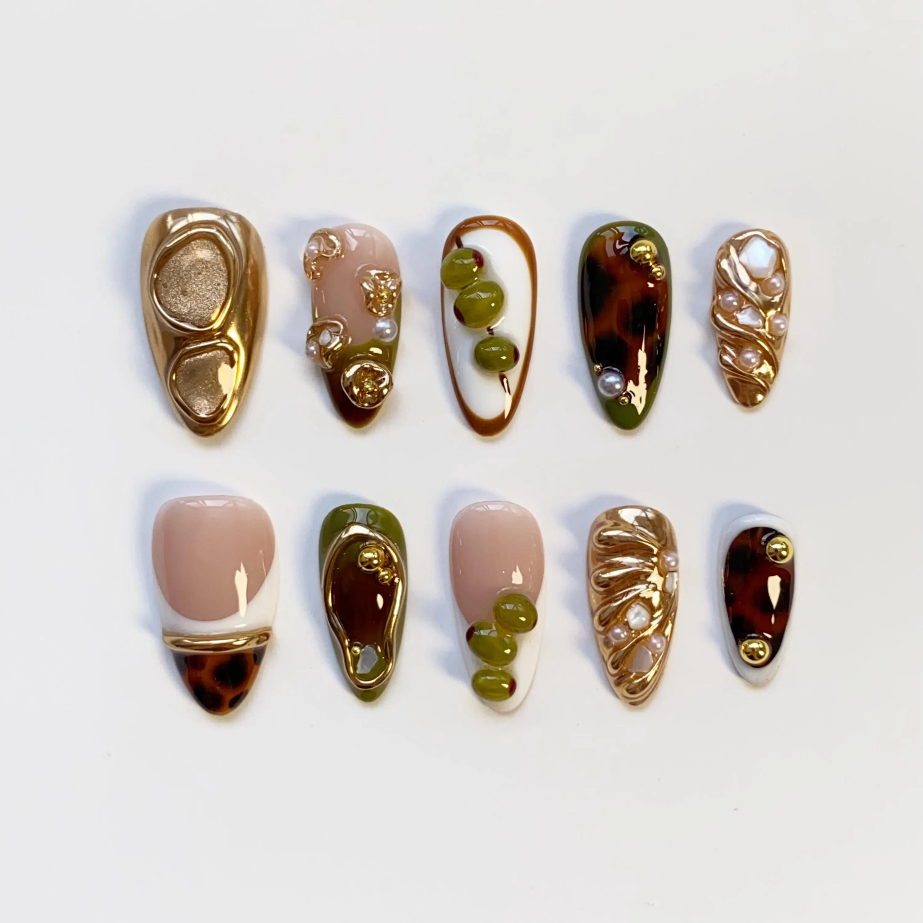 Cool Martini Girl Tortoiseshell Press On Nails, Olive & Pearl Accent Nail Set, 3D Gold Chrome Nails