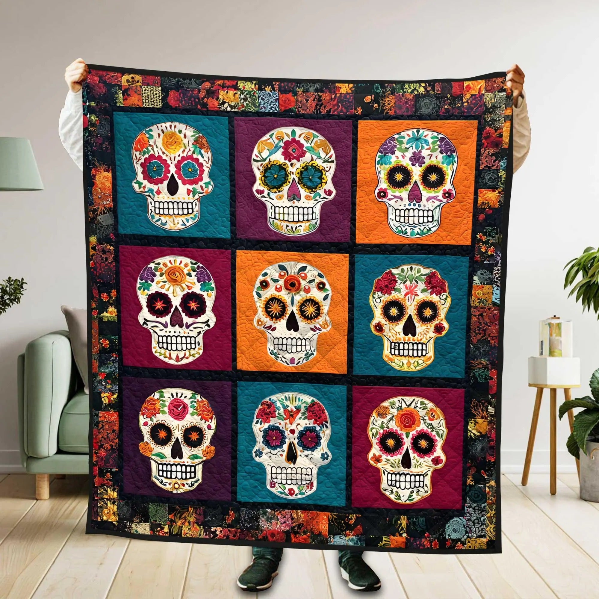 Sugar Skull Quilt Blanket, Mexican Day Of The Dead Blankets, King Size Blanket