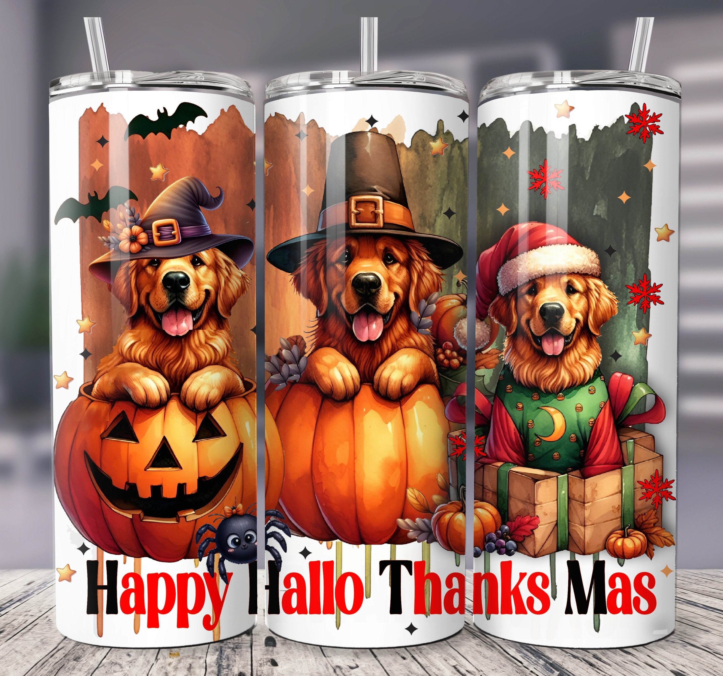 Golden Retriever Hallothanksmas 20oz 30oz Tumbler, Fall Thanksgiving & Christmas Tumbler, Halloween Gifts