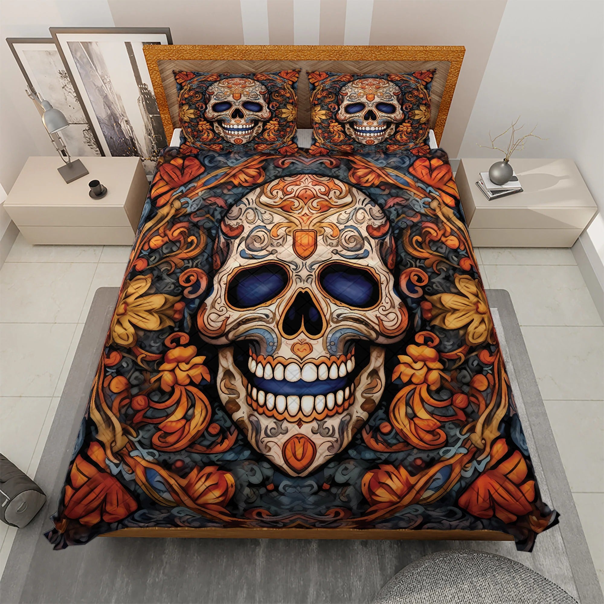 Vintage Floral Hobo Skull Quilt Bedding Set, Quilt Blanket, Halloween Home Decor
