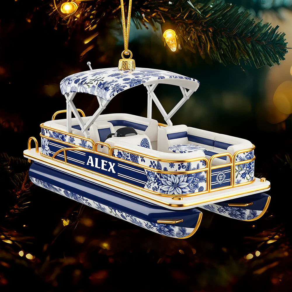 Custom Pontoon Ornament, Toile De Jouy Christmas Ornament, Boat Lover Gifts, Gift for Boat Owner