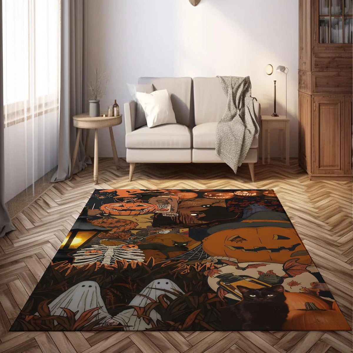 Spooky Season Ghost Carved Pumpkin Rug, Decorative Rug, Living Room Ru ...
