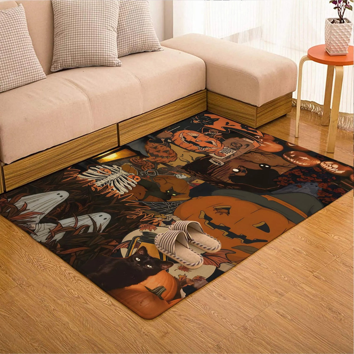 Large Spooky Rug Spooky Season Ghost Carved Pumpkin Rug, Decorative Rug, Living Room Ru ...