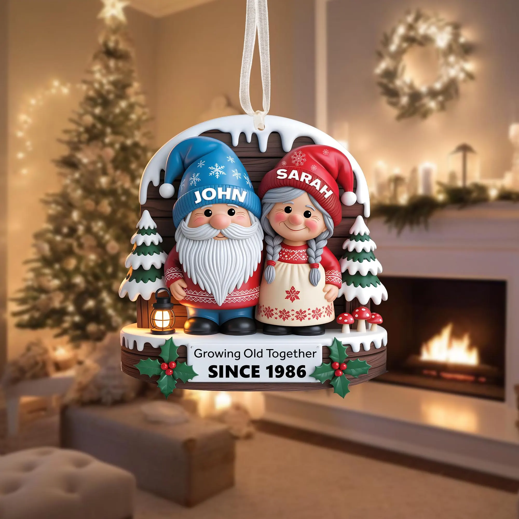 Gnome Couple Growing Old Together Acrylic Christmas Ornament, Couple Ornaments, Anniversary Gift For Husband Wife