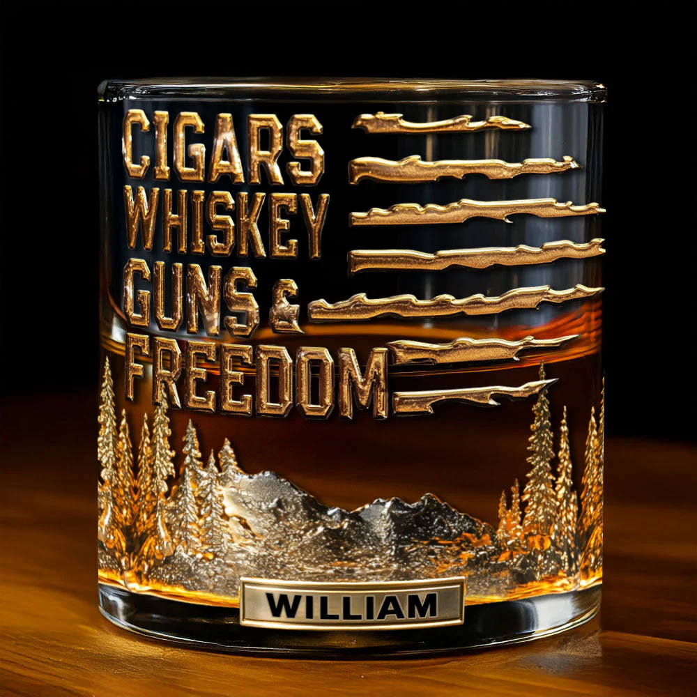 Cigars Whiskey Guns And Freedom Custom Whiskey Glass, Personalized Whiskey Glasses, Gift For Whiskey Lover