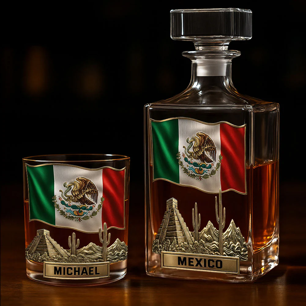 Proud Mexican Personalized Expats Whiskey Decanter Set, Luxury Whiskey Glass, Whiskey Decanter Set