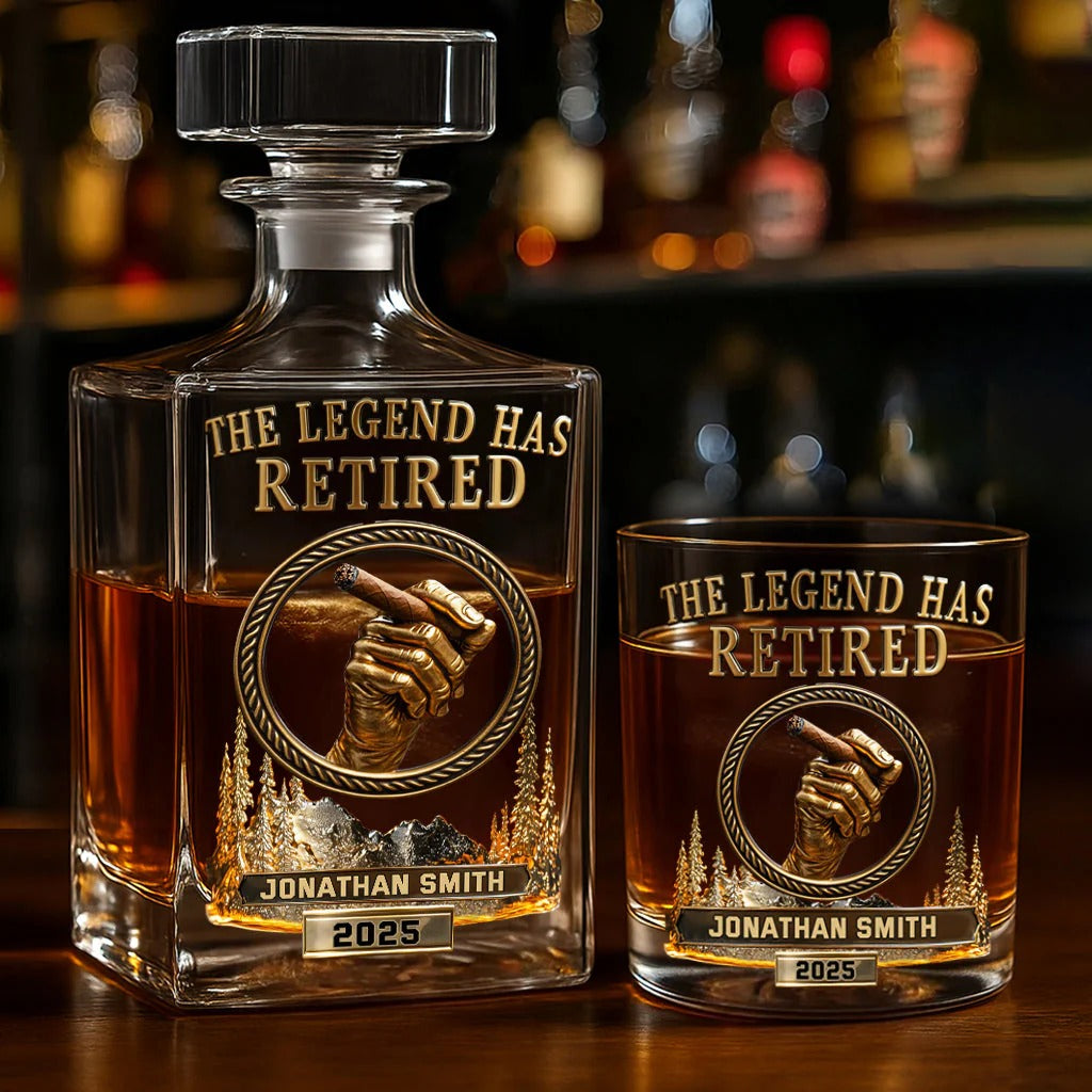The Legend Has Retired Whiskey Decanter Set, Luxury Whiskey Glass, Personalized Retired Whiskey Decanter Set