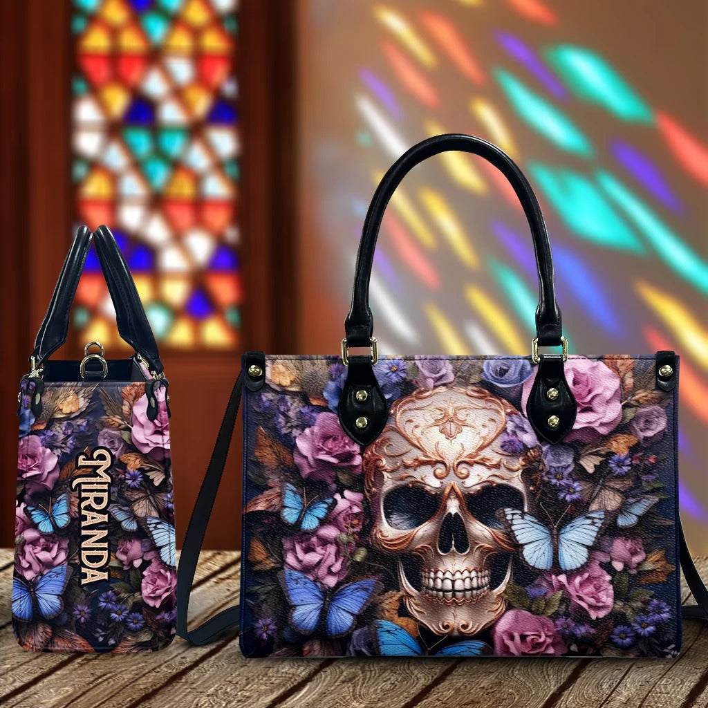 Beauty Of The Dark Skull Roses Butterflies - Personalized Skull Leather Handbag - Boho Handbag - Leather Shoulder Bag