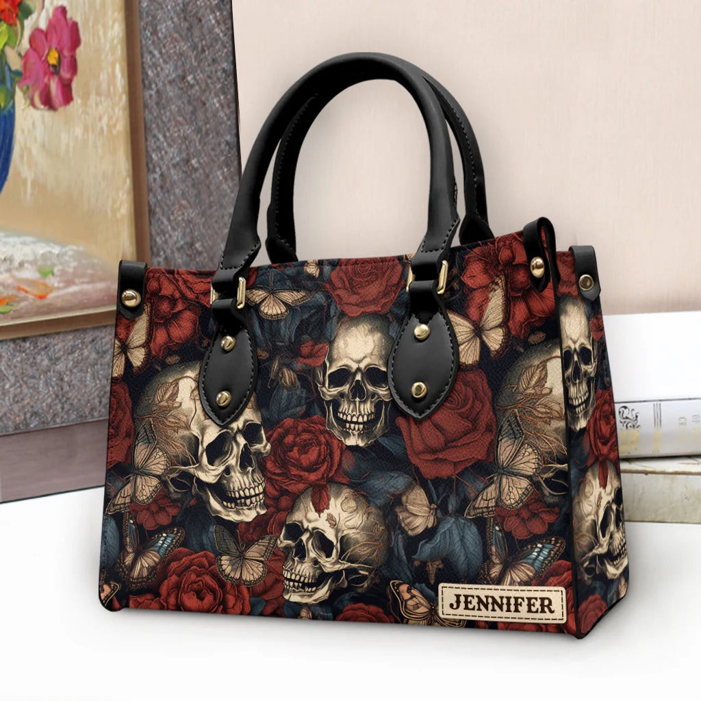 Vintage Rose Skull - Personalized Skull Leather Handbag - Boho Handbag - Leather Shoulder Bag