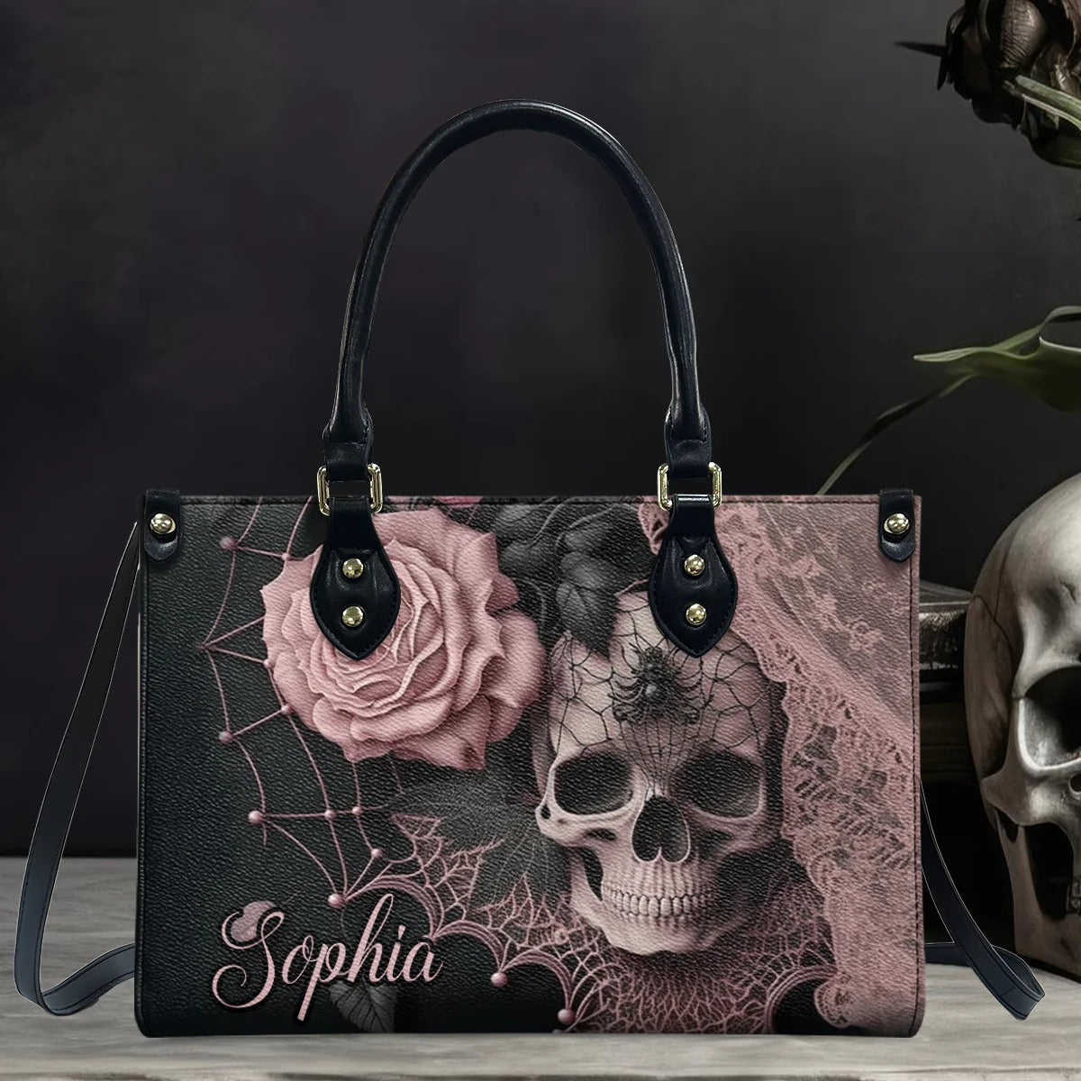 Enchanting Floral & Skull - Personalized Skull Leather Handbag - Boho Handbag - Leather Shoulder Bag