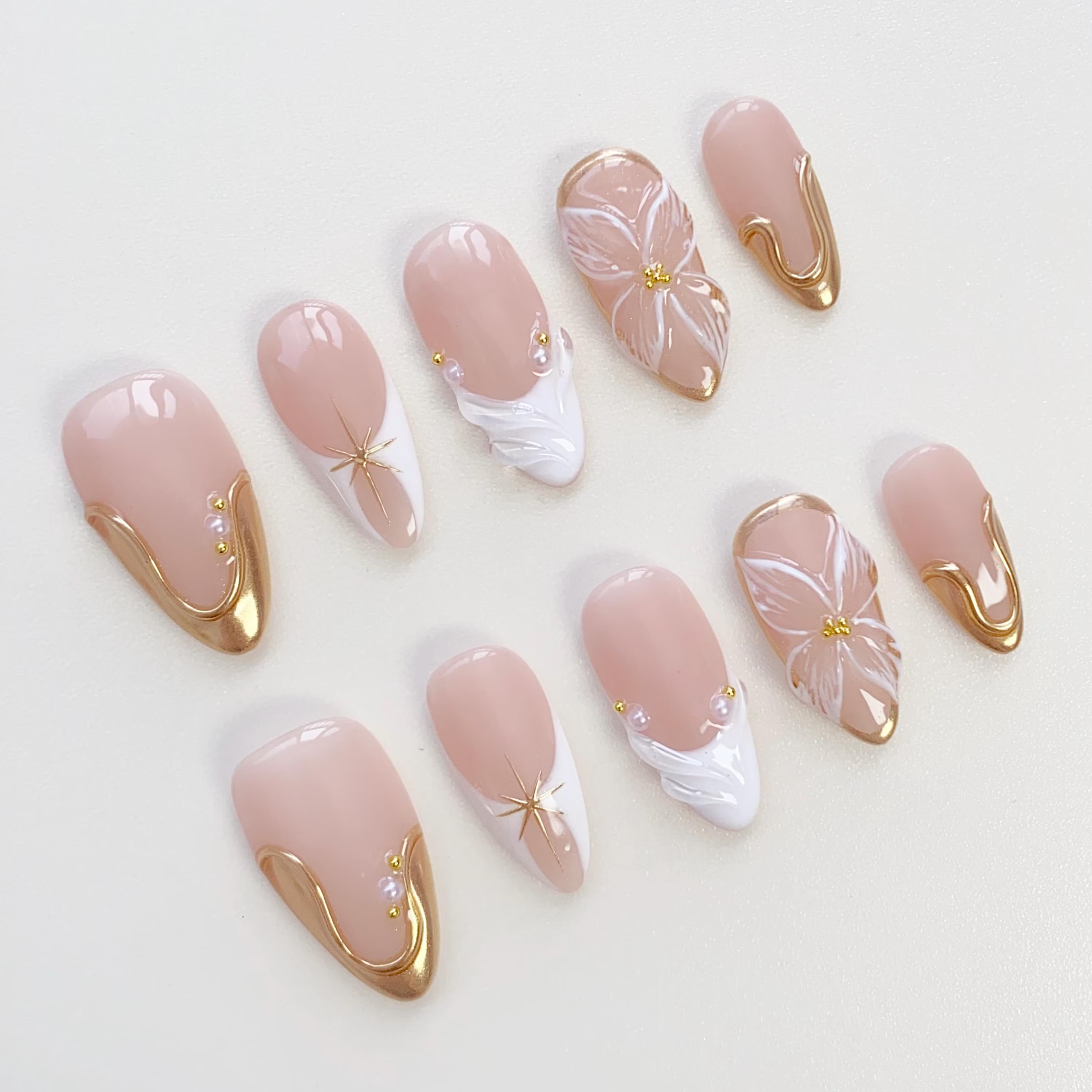 Flower Pink White French Press On Nails, 3D Gold Chrome Nail, Sparkle Resuable Nails