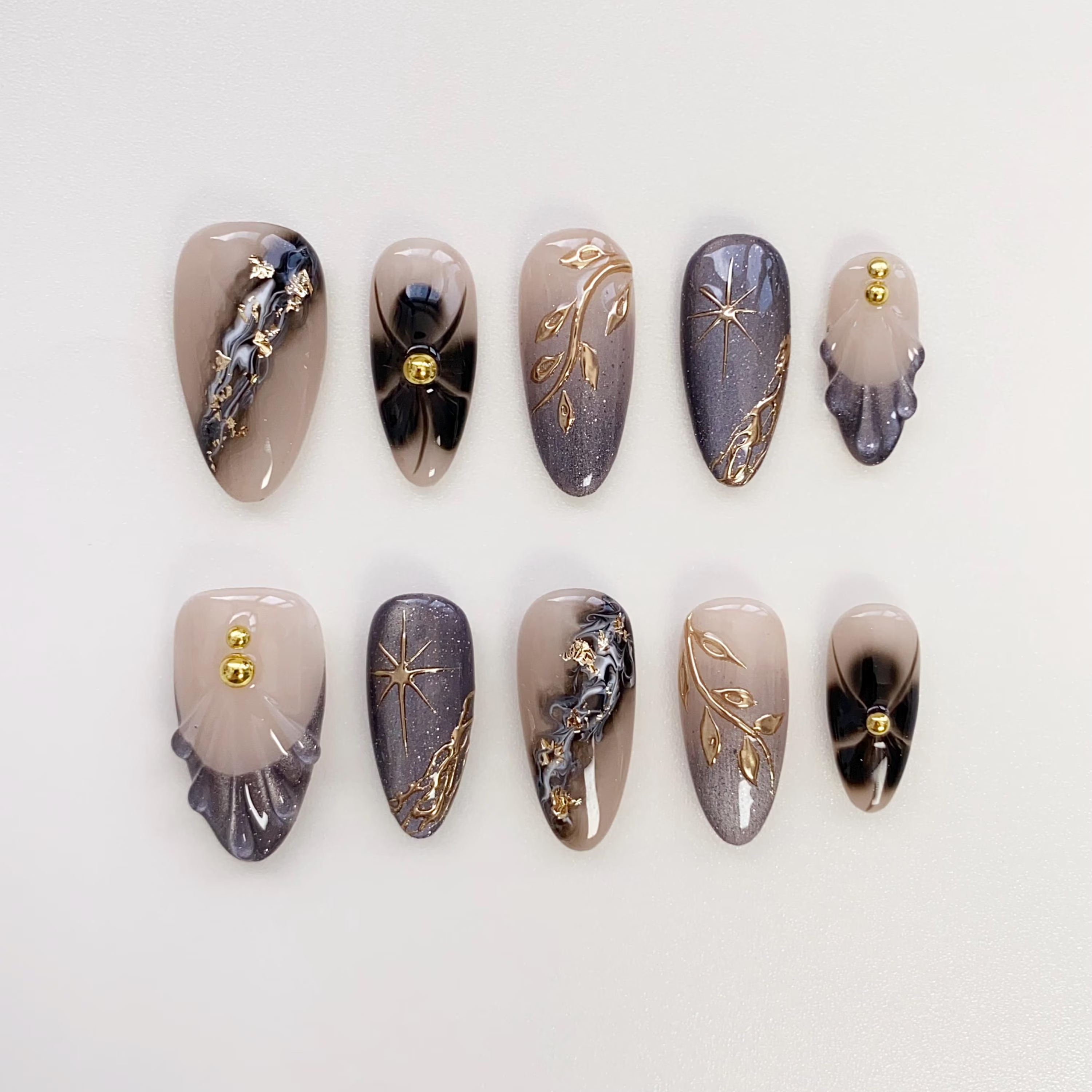 Aura Black Cat Eye Press On Nails, Gold Leaf, Star & Glitter Nails Set, 3D Gold Chrome Nails