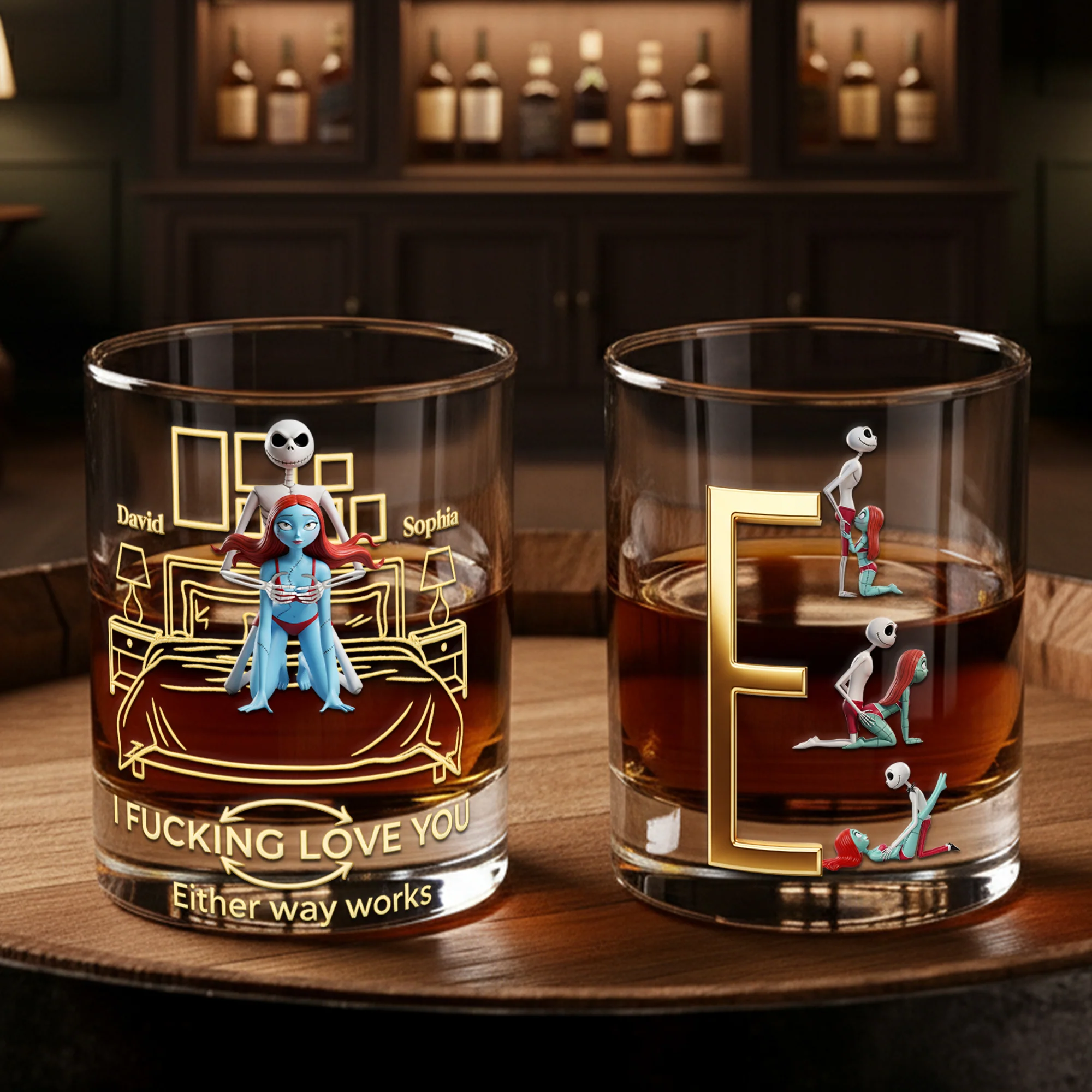 I F*cking Love You Nightmare Couple Whiskey Glass, Personalized Whiskey Glasses, Valentine Couple Gift