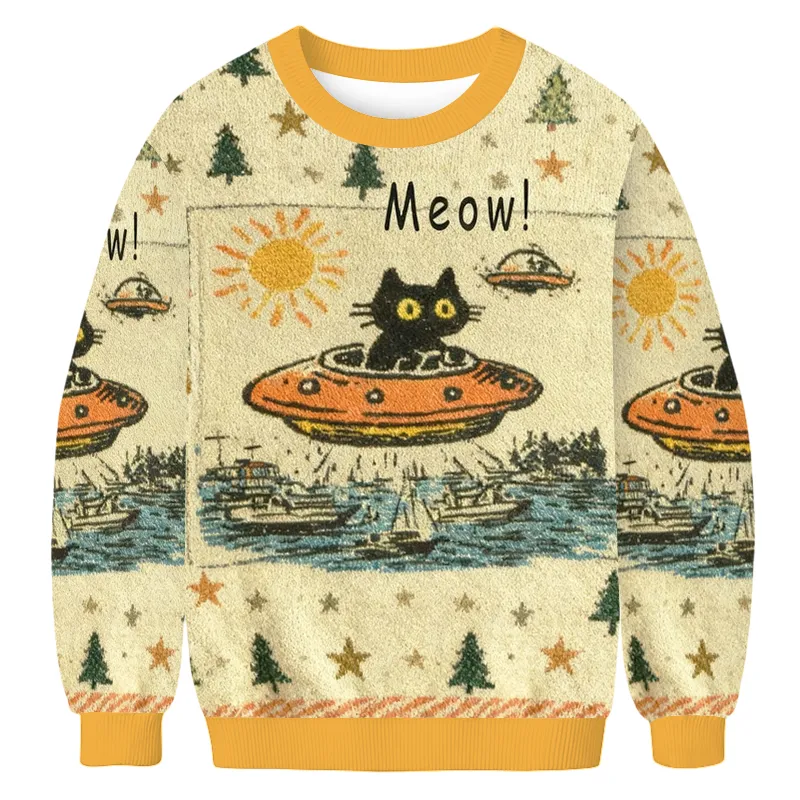 Retro Cat UFO Meow Meme Ugly Sweater, Funny Christmas Ugly Sweatshirt, Xmas Ugly Sweater