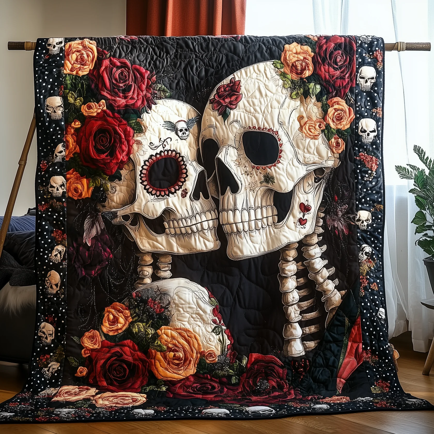 Romantic Gothic Couple Skull And Roses Quilt Blanket, Valentine Blanket, Valentines Couple Gift, Cool Valentine Gift