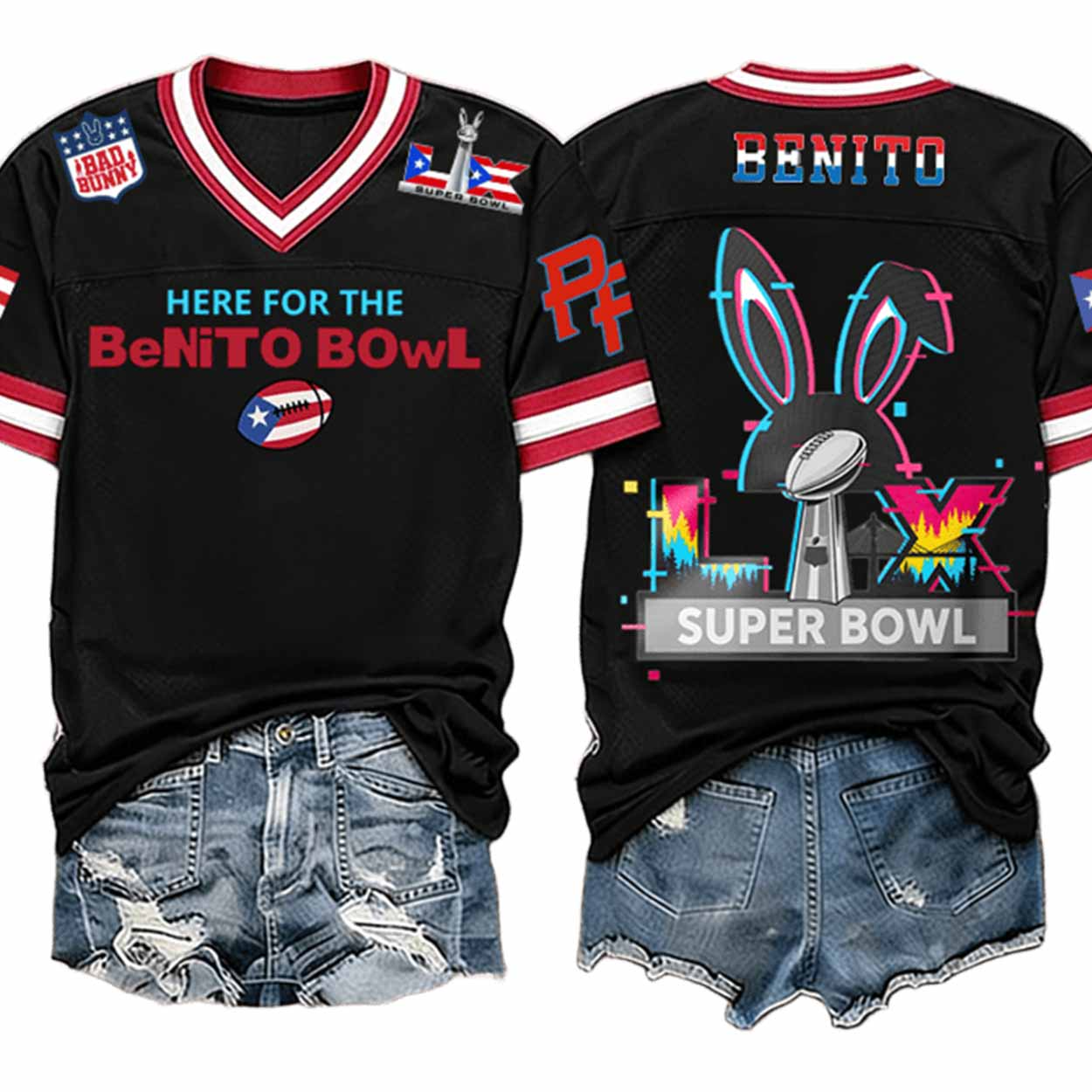 Bad Bunny 94 Football Vneck Shirt, Here For The Benito Bowl Shirt, Bad Bunny LIX Benito Bowl Gifts