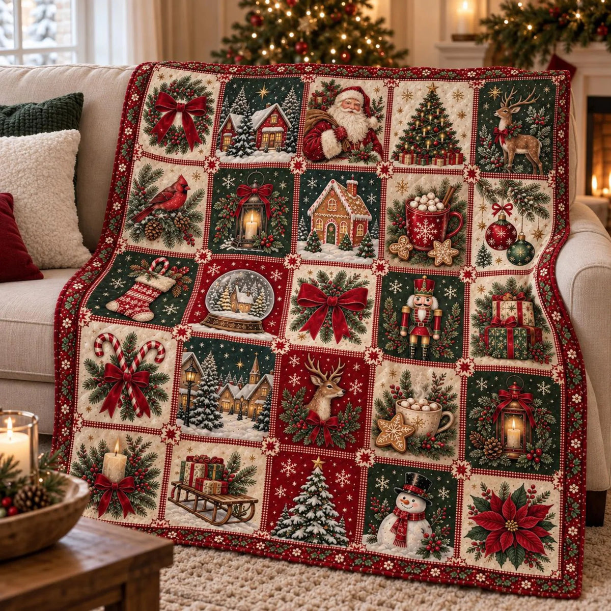 Vintage Christmas Quilt Blanket, Christmas Gift, Holiday Home Decor