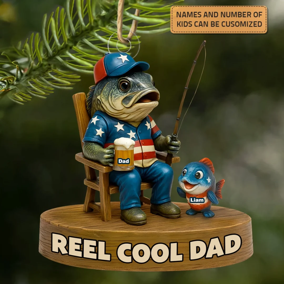 Custom Name Patriot Fishing Dad Acrylic Ornaments, American Flag Ornament, Fishing Beer Funny Ornament