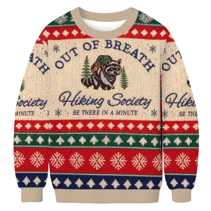 Out Of Breath Funny Raccoon Hiking Ugly Sweater, Funny Christmas Ugly Sweatshirt, Xmas Ugly Sweater