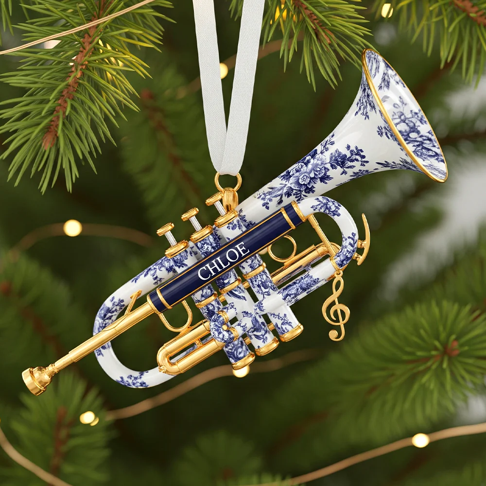 Trumpet Toile De Jouy Ornament, Musical Instrument Ornaments, Custom Acrylic Christmas Ornaments