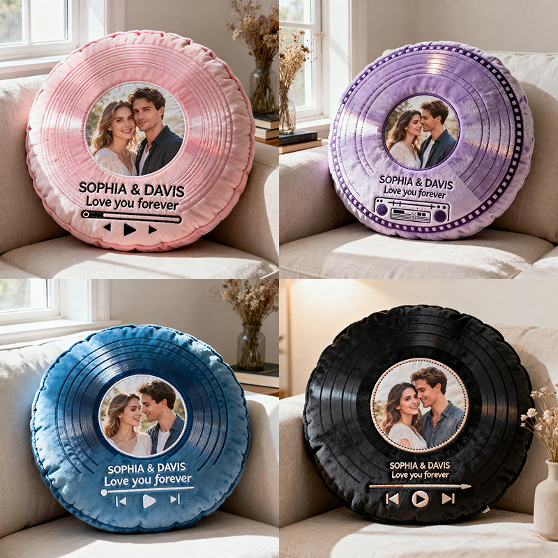 Custom Couple Portrait Print Vinyl Record Custom Shape Pillow, Personalized Gifts For Couple, Funny Valentines Gift