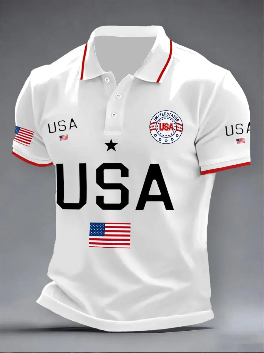 USA Flag Print 250 Years Anniversary 1776-2026 Men's White Polo, Men's Patriotic Shirt
