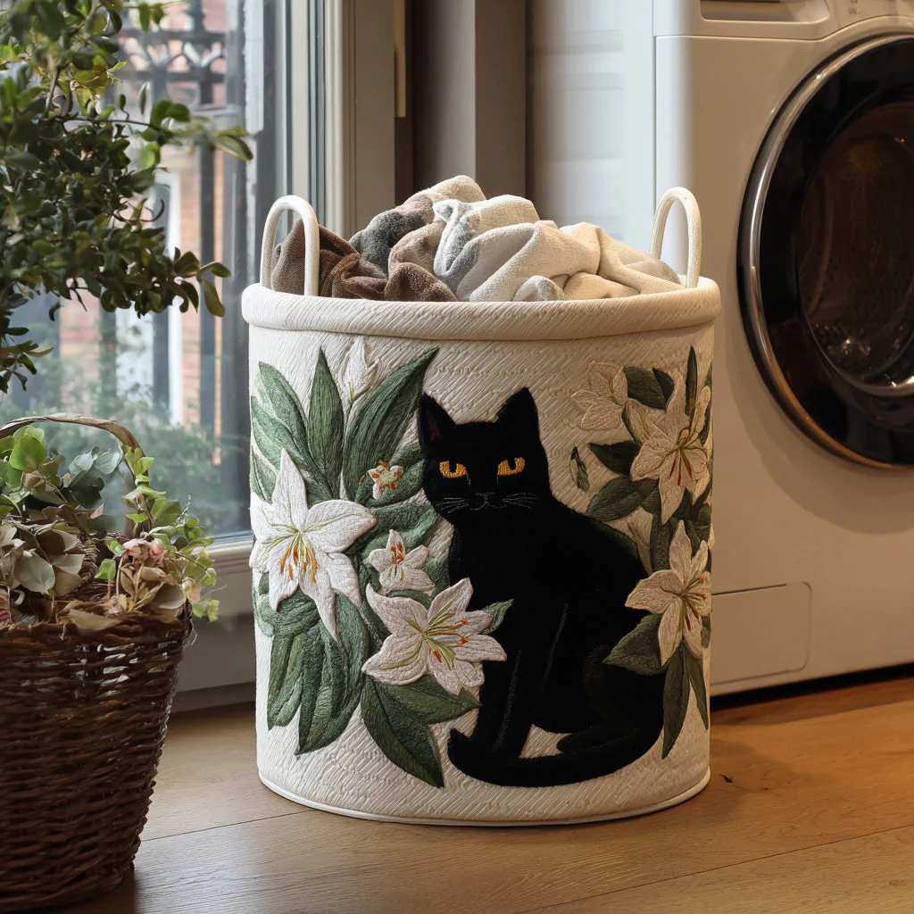 Black Cat Lily Watch Laundry Basket, Laundry Gifts, Gift For Cat Lovers, Housewarming Gift Ideas